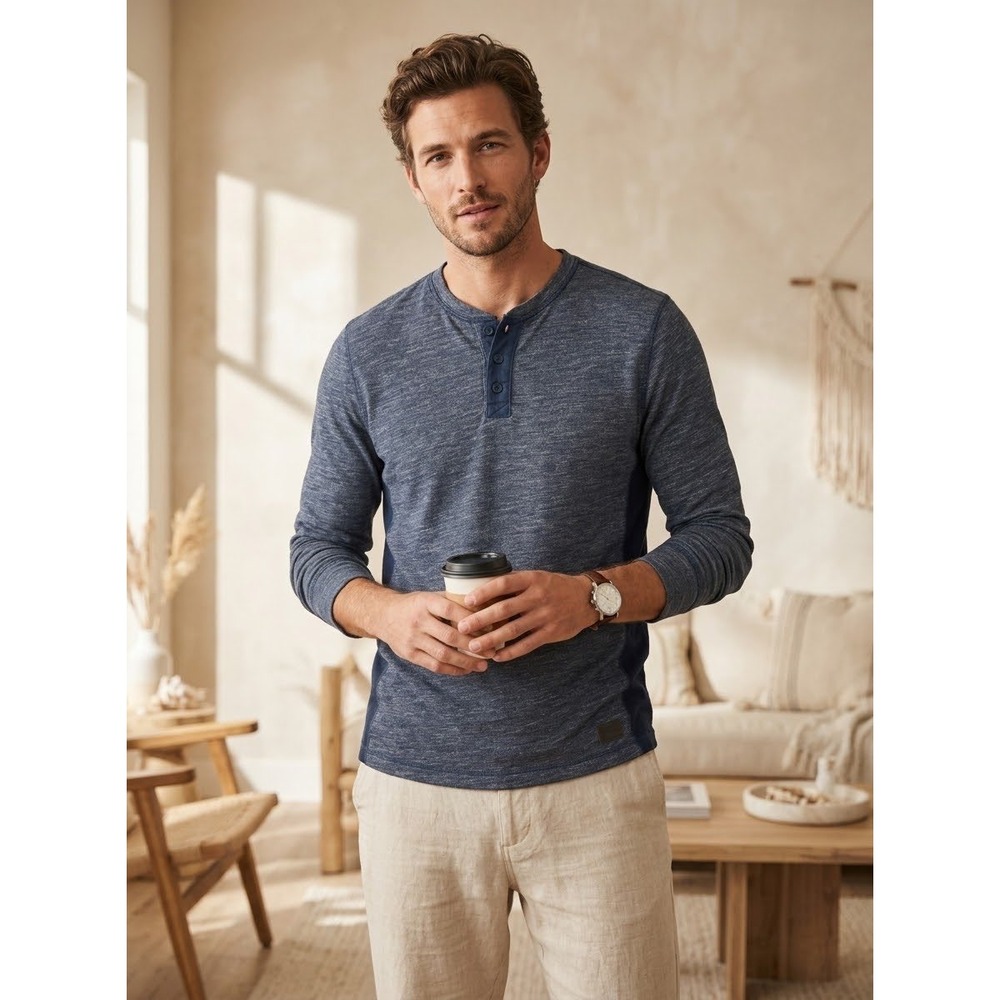Marled Knit Contrast Panel Hollister Blue Cotton Blend Henley Size M Medium